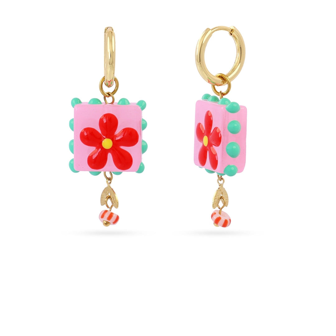 Steel Mosaic Square Flower Charm Hoop Earrings | Anartxy