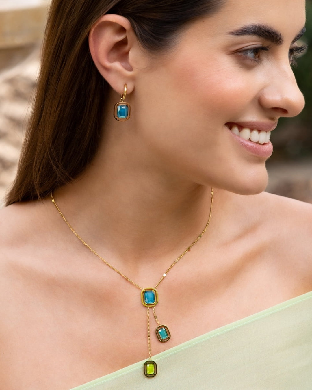 Steel Rectangle Colour Stone Charm Earrings | Anartxy