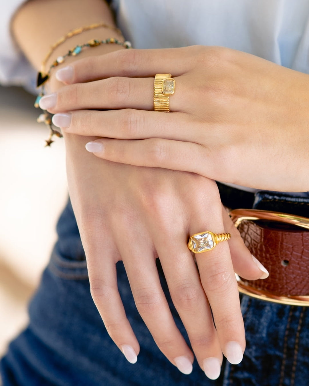 Steel Rectangle Stone Textured Band Ring | Anartxy