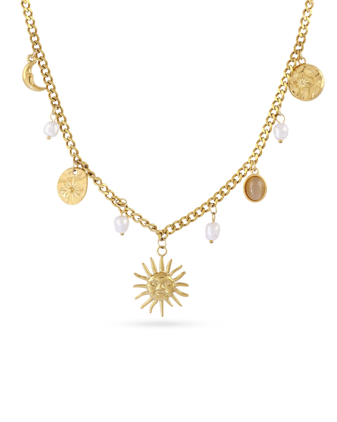Steel Sun & Pearl Charm Necklace | Anartxy