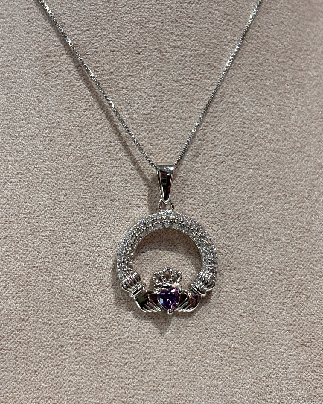 Sterling Silver Amethyst Claddagh Necklace | February Birthstone | Solvar