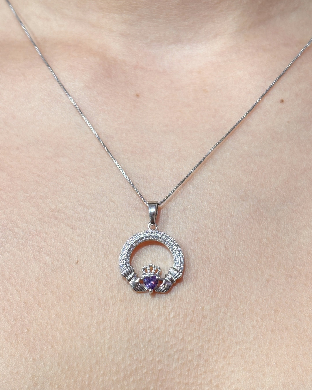 Sterling Silver Amethyst Claddagh Necklace | February Birthstone | Solvar