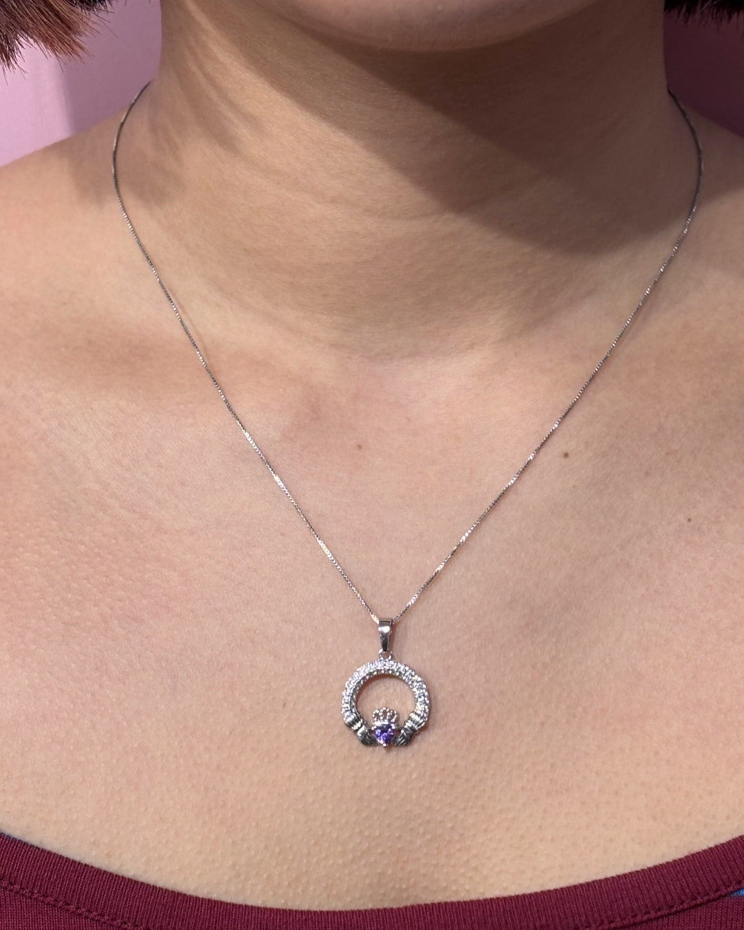 Sterling Silver Amethyst Claddagh Necklace | February Birthstone | Solvar