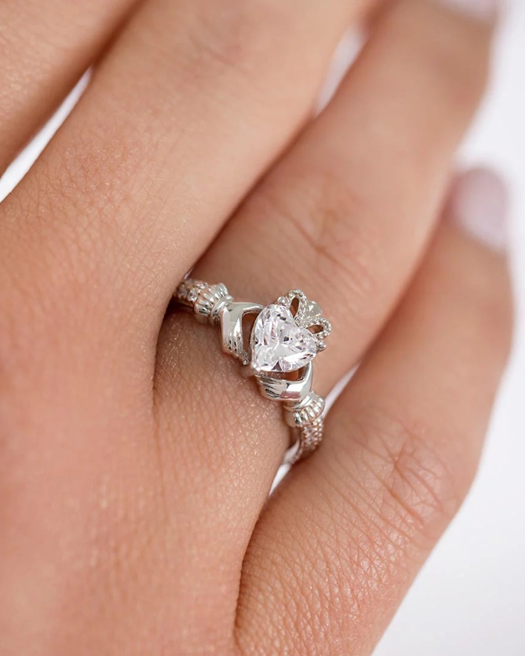 Sterling Silver Crystal Claddagh Ring | April Birthstone | Solvar