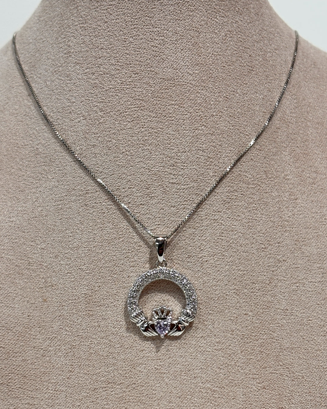 Sterling Silver Crystal Claddagh Necklace | April Birthstone | Solvar