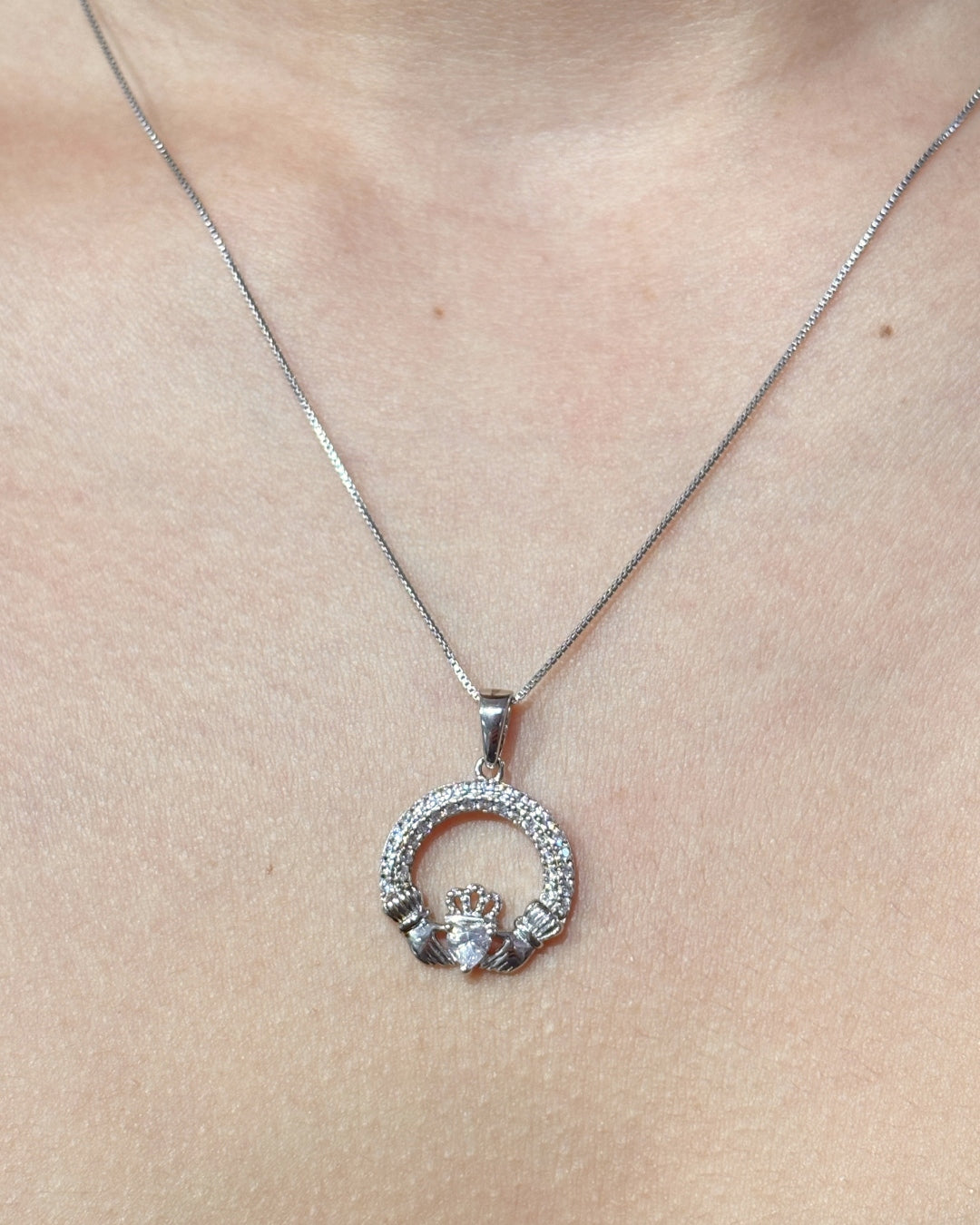 Sterling Silver Crystal Claddagh Necklace | April Birthstone | Solvar