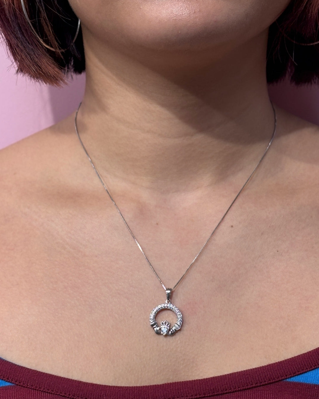 Sterling Silver Crystal Claddagh Necklace | April Birthstone | Solvar