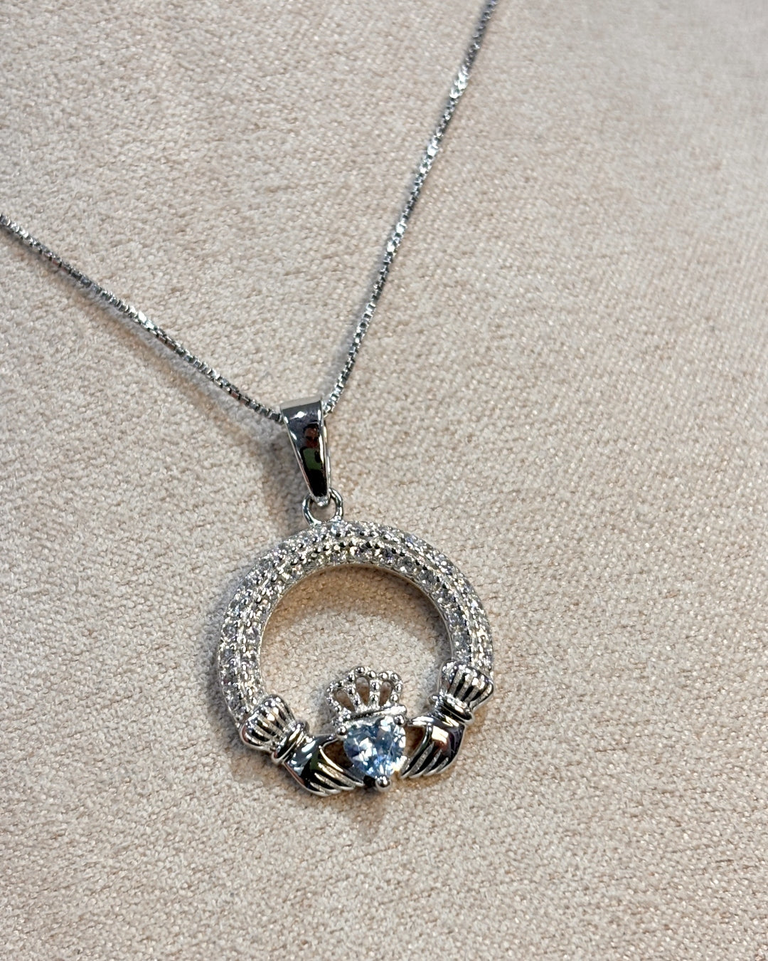 Sterling Silver Blue Zircon Claddagh Necklace | December Birthstone | Solvar