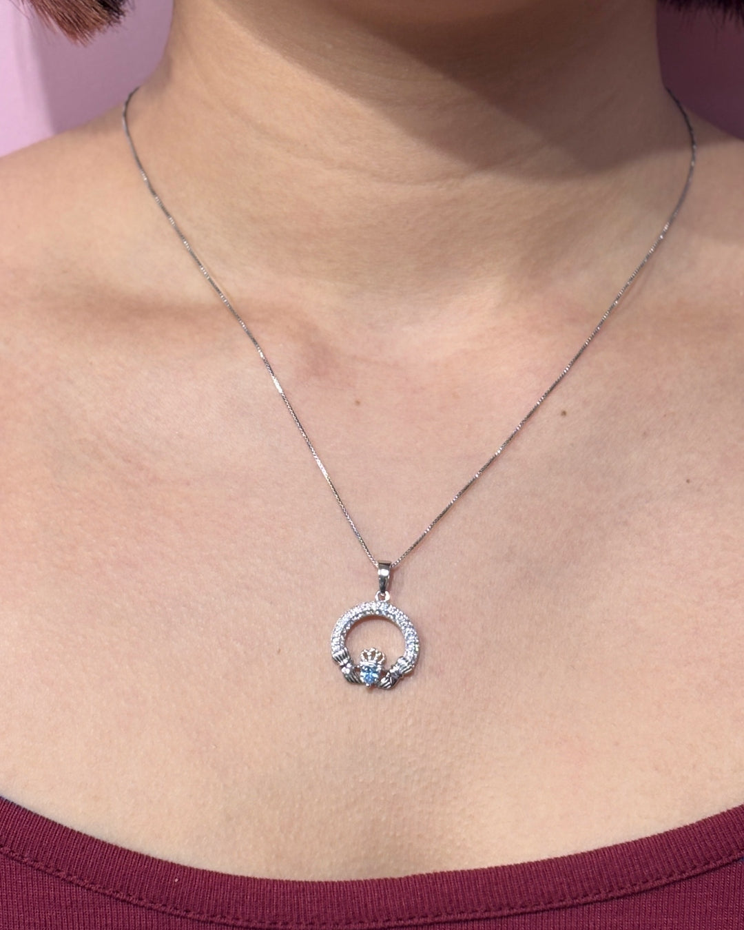 Sterling Silver Blue Zircon Claddagh Necklace | December Birthstone | Solvar