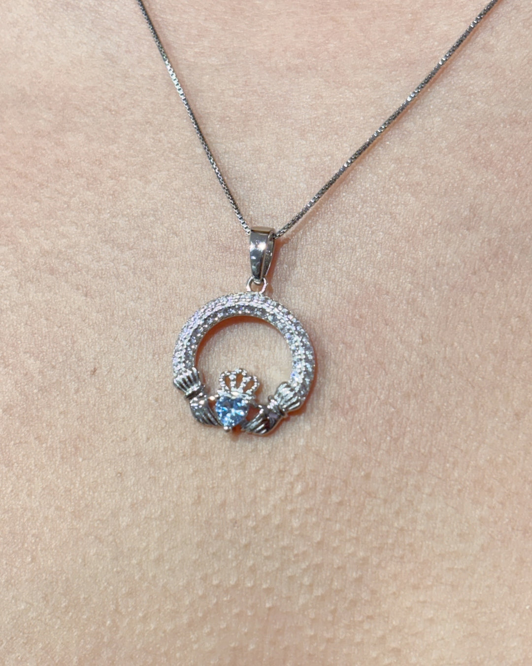 Sterling Silver Blue Zircon Claddagh Necklace | December Birthstone | Solvar