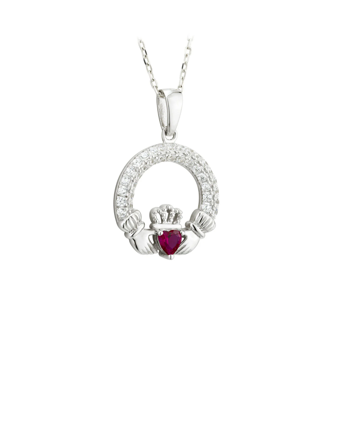 Sterling Silver Ruby Claddagh Necklace | July Birthstone | Solvar