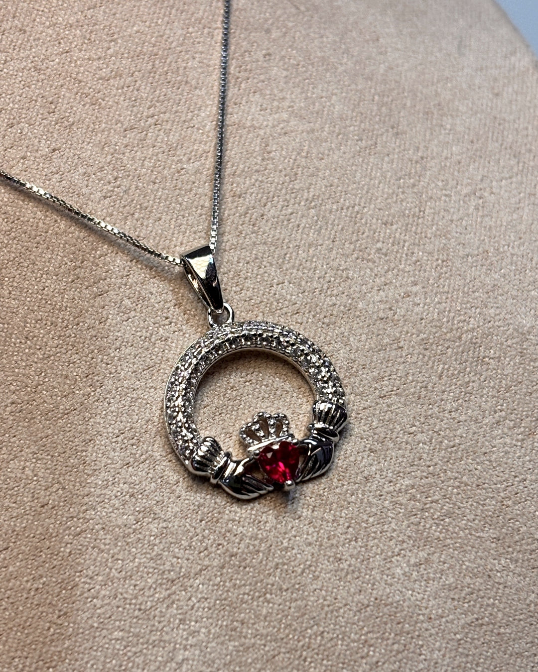 Sterling Silver Ruby Claddagh Necklace | July Birthstone | Solvar