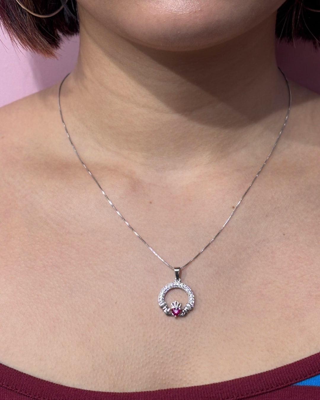 Sterling Silver Ruby Claddagh Necklace | July Birthstone | Solvar