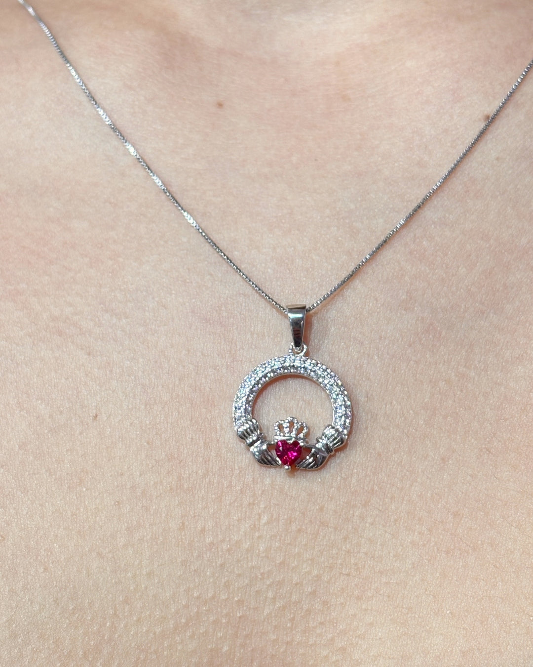 Sterling Silver Ruby Claddagh Necklace | July Birthstone | Solvar