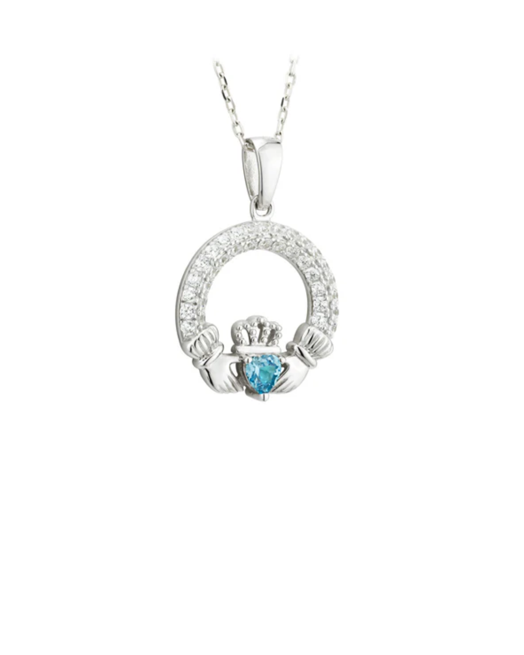 Sterling Silver Aquamarine Claddagh Necklace | March Birthstone | Solvar
