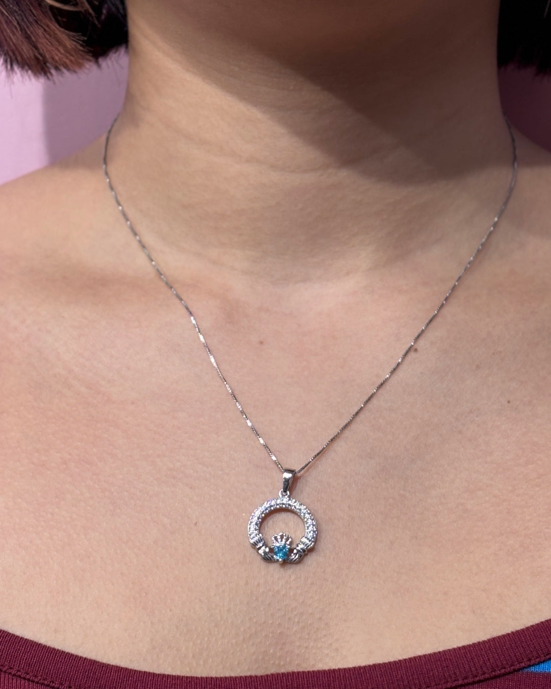 Sterling Silver Aquamarine Claddagh Necklace | March Birthstone | Solvar