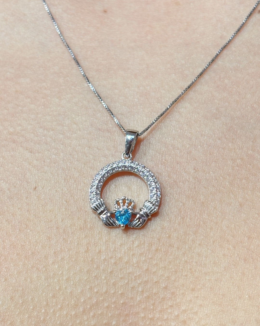 Sterling Silver Aquamarine Claddagh Necklace | March Birthstone | Solvar