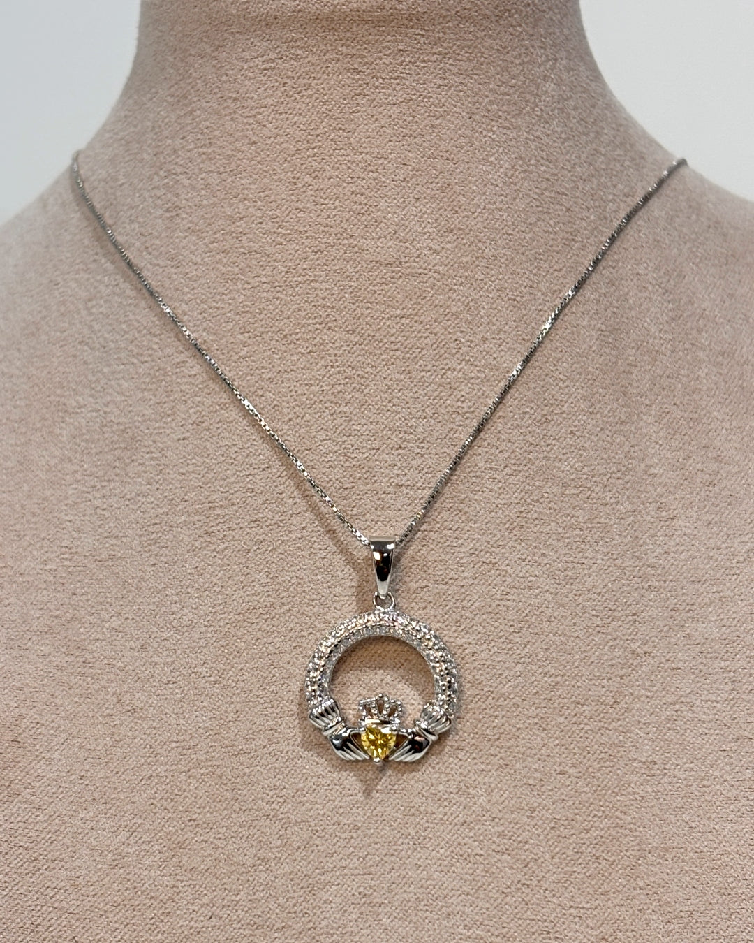 Sterling Silver Yellow Topaz Claddagh Necklace | November Birthstone | Solvar