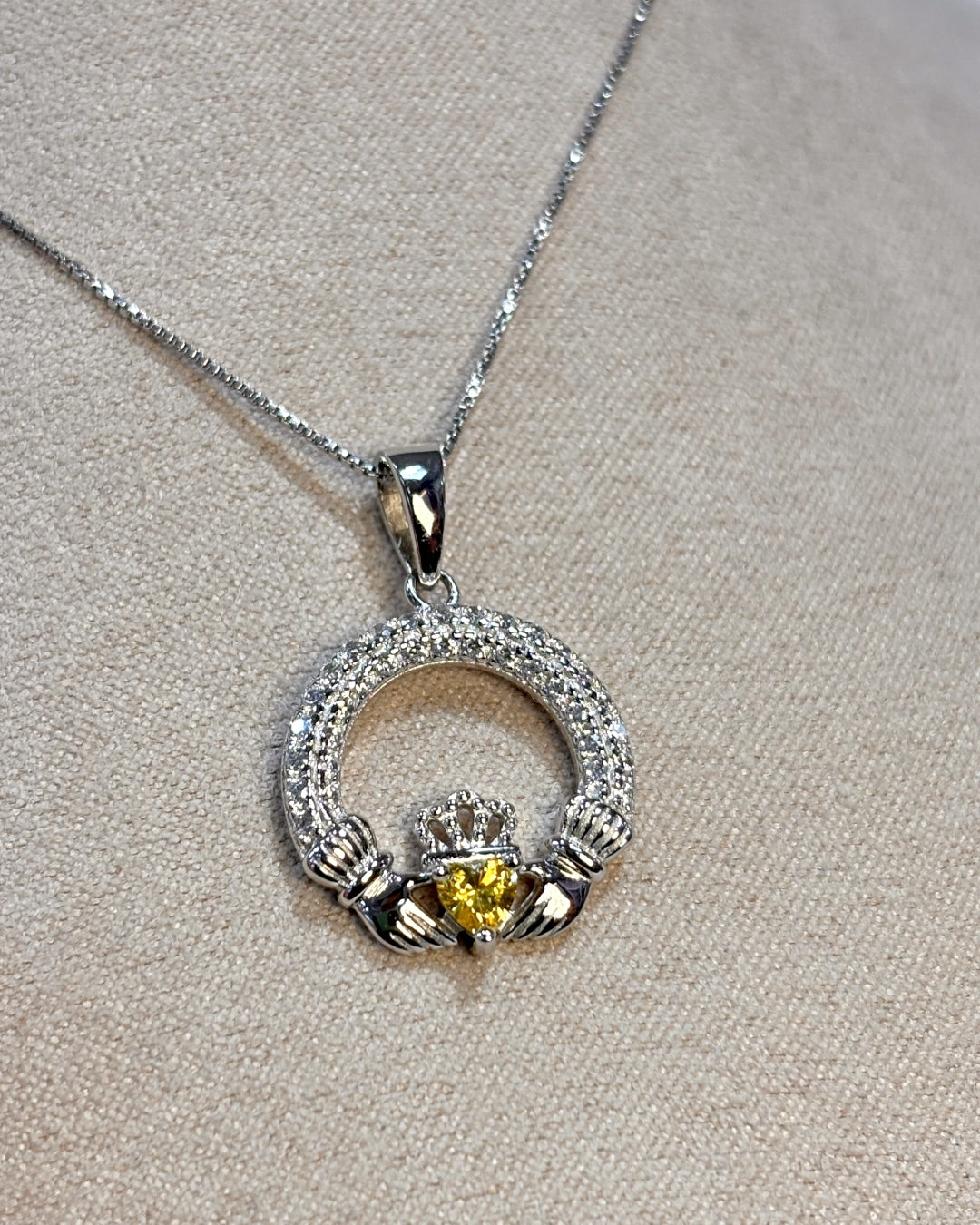 Sterling Silver Yellow Topaz Claddagh Necklace | November Birthstone | Solvar