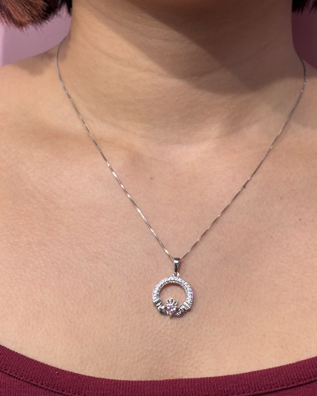 Sterling Silver Rose Claddagh Necklace | October Birthstone | Solvar