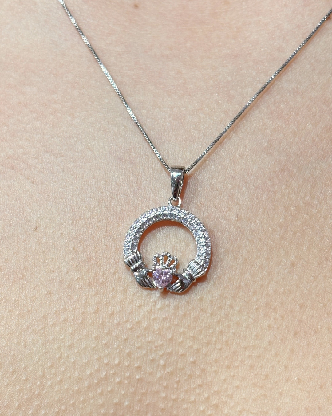 Sterling Silver Rose Claddagh Necklace | October Birthstone | Solvar