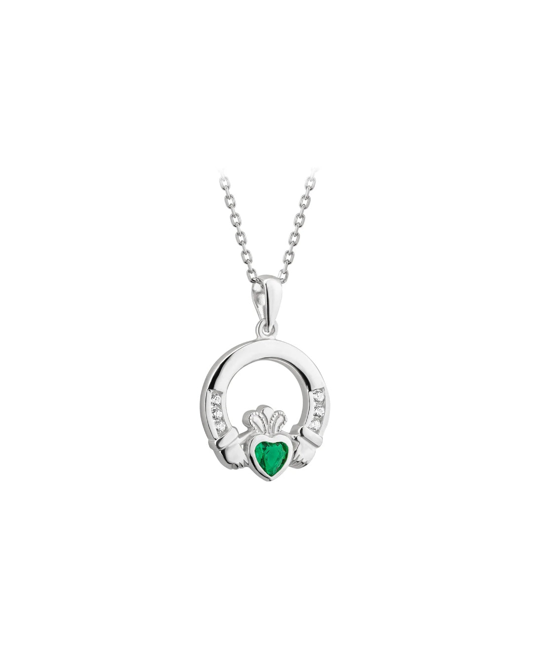 Sterling Silver Cubic Zirconia & Emerald Claddagh Pendant Necklace | Solvar