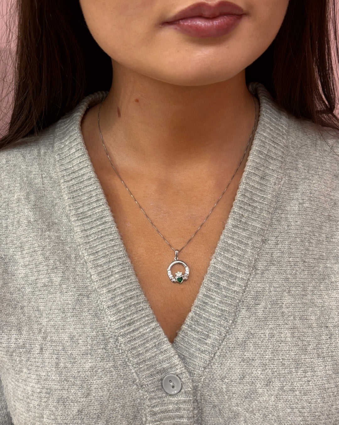 Sterling Silver Cubic Zirconia & Emerald Claddagh Pendant Necklace