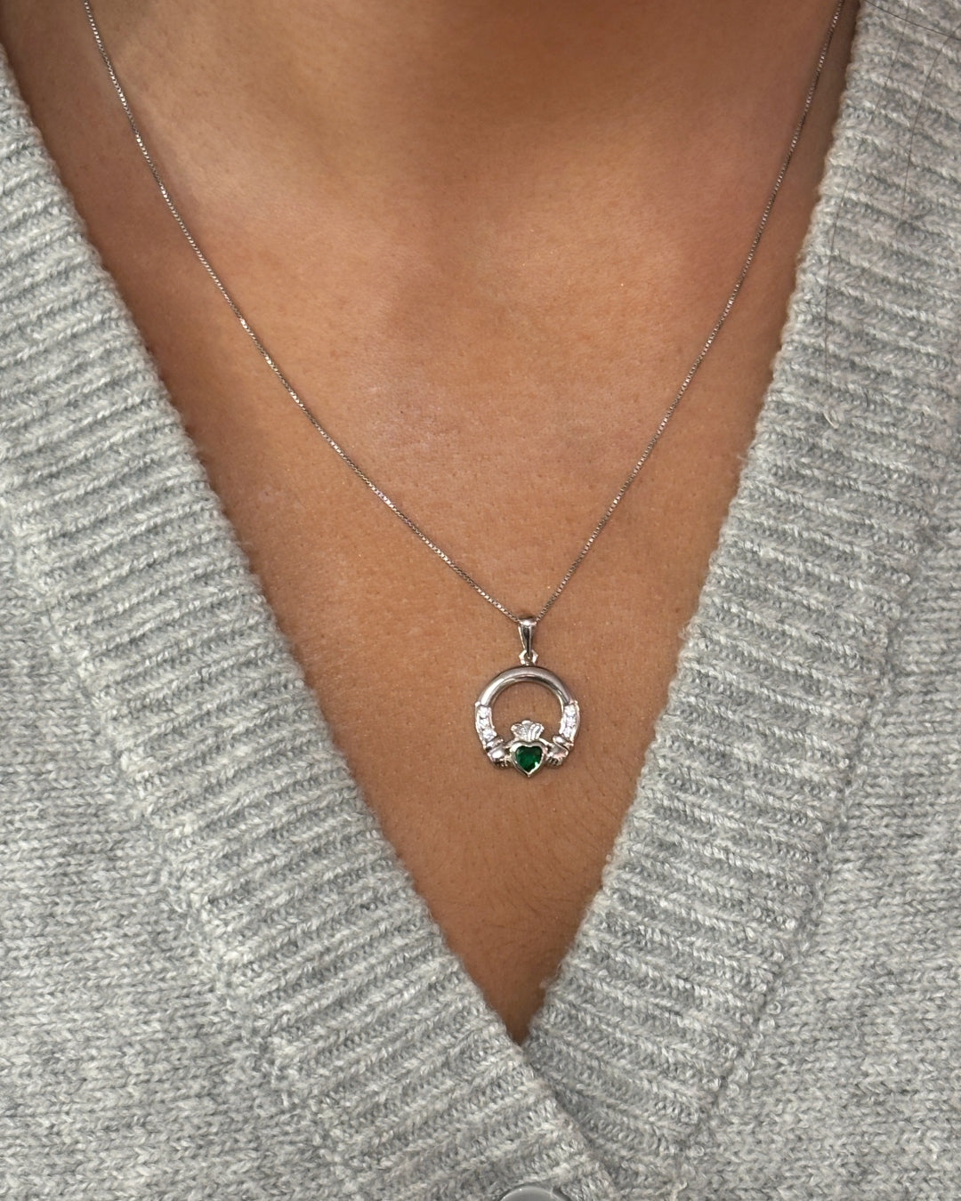 Sterling Silver Cubic Zirconia & Emerald Claddagh Pendant Necklace