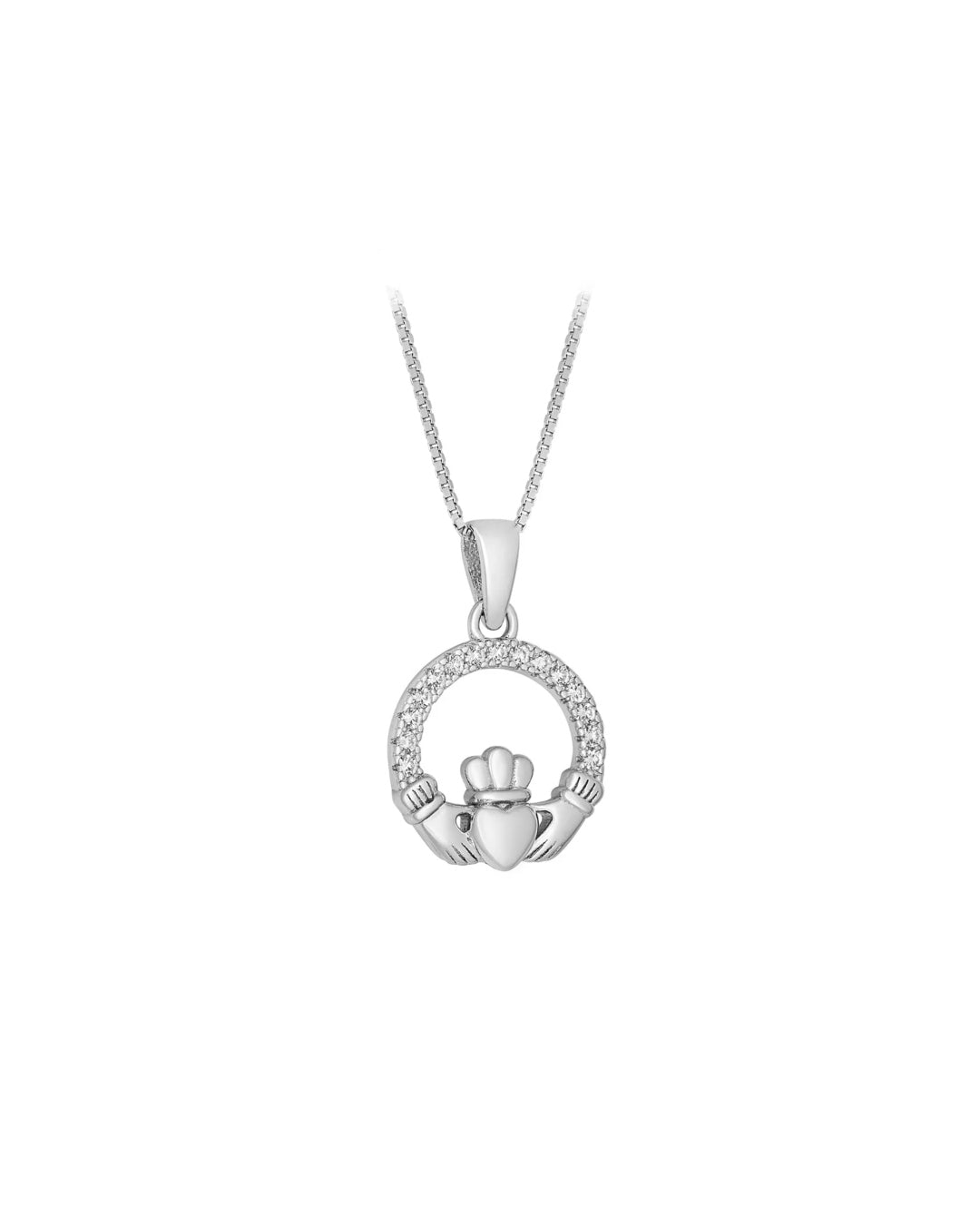 Sterling Silver & Cubic Zirconia Small Round Claddagh Pendant Necklace | Solvar