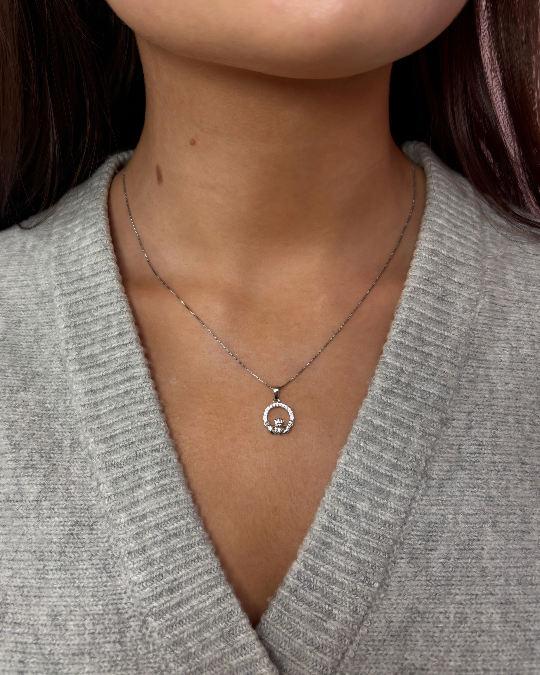 Sterling Silver & Cubic Zirconia Small Round Claddagh Pendant Necklace