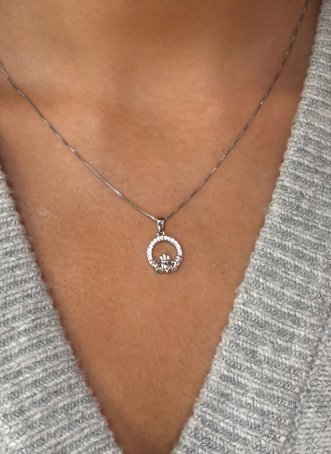 Sterling Silver & Cubic Zirconia Small Round Claddagh Pendant Necklace