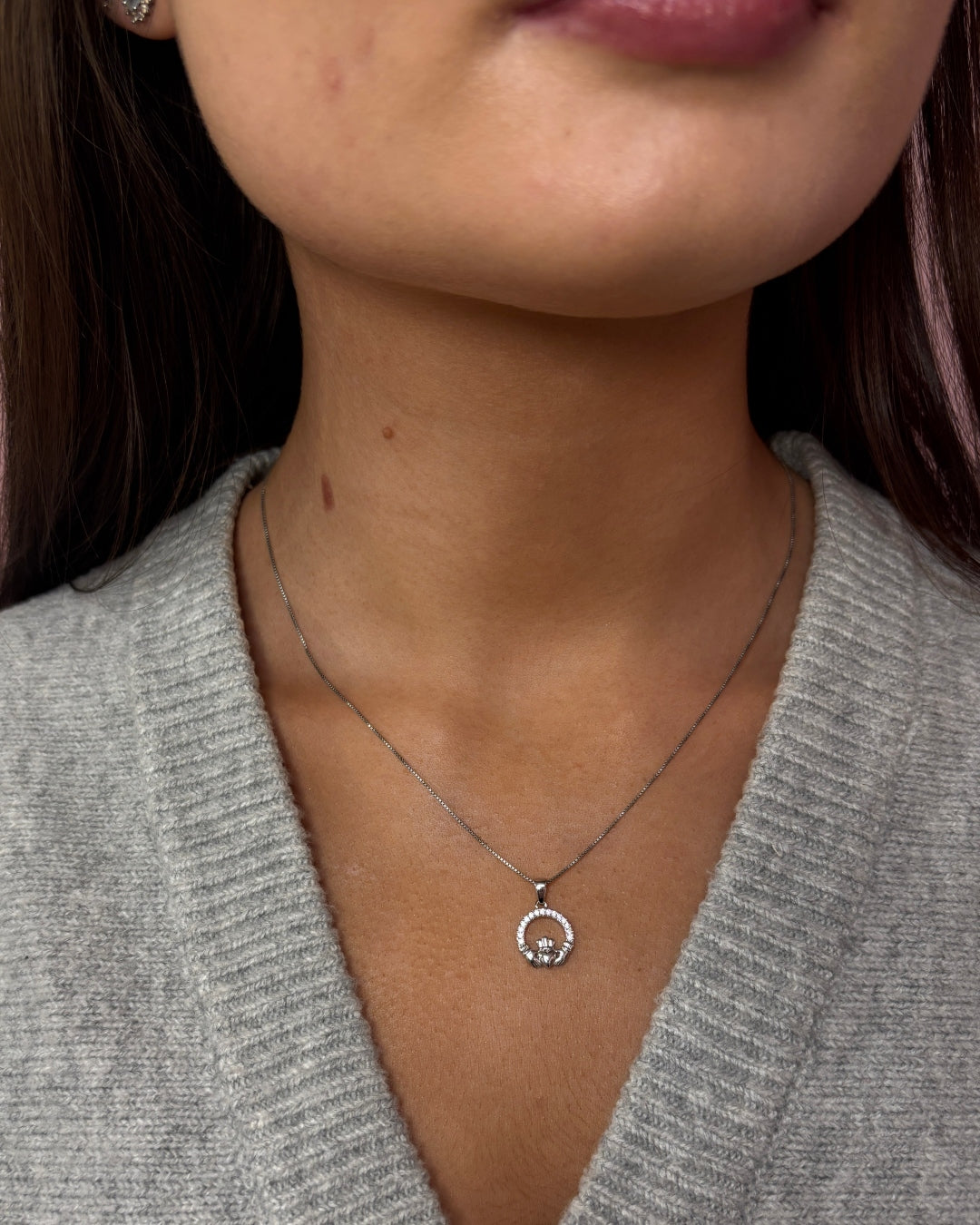 Sterling Silver & Cubic Zirconia Small Round Claddagh Pendant Necklace