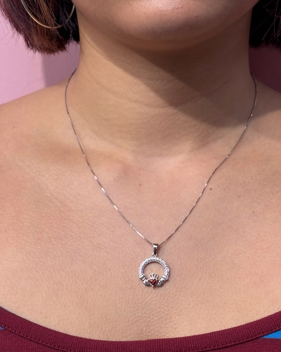 Sterling Silver Garnet Claddagh Necklace | January Birthstone | Solvar