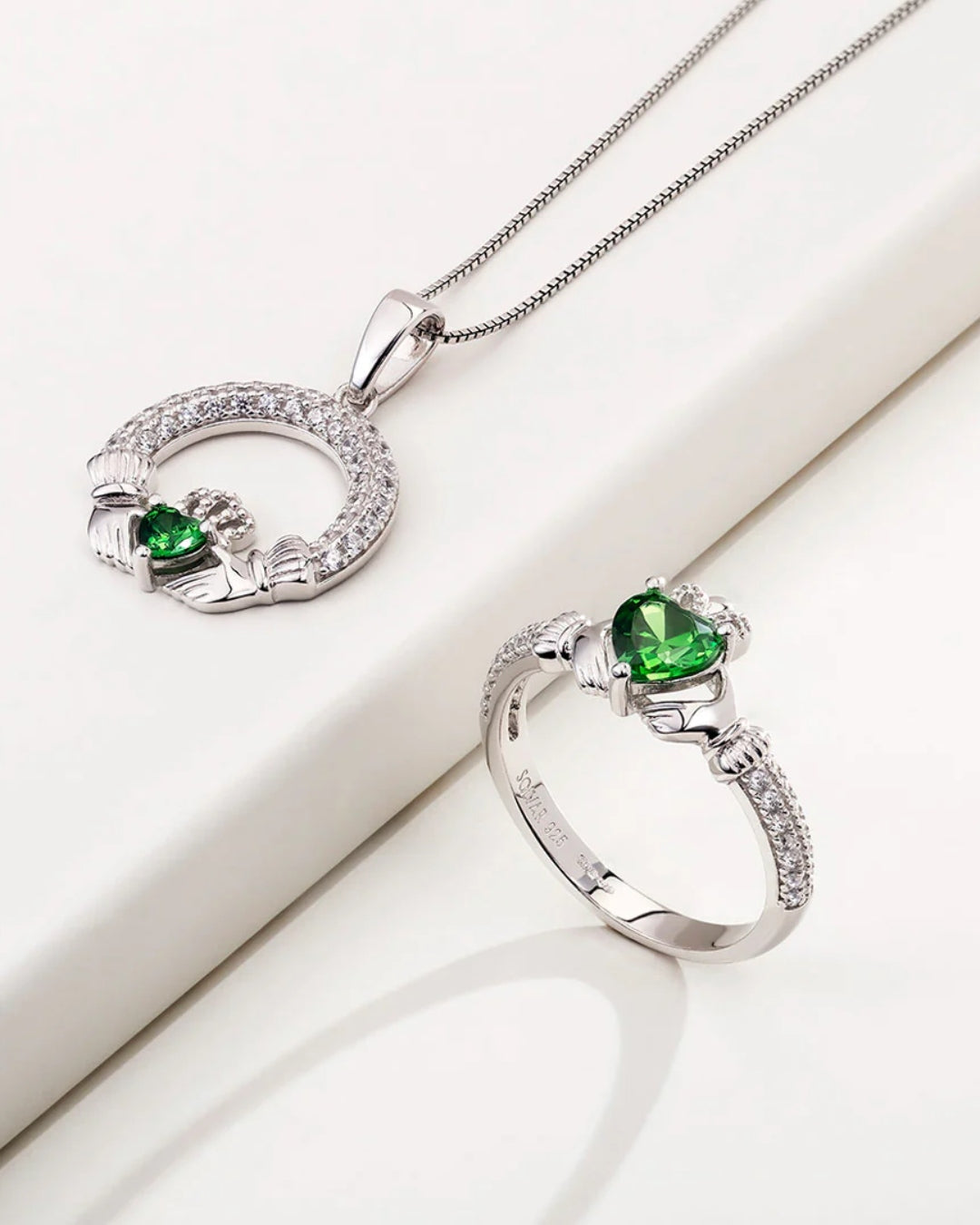 Sterling Silver Emerald Claddagh Necklace | May Birthstone | Solvar