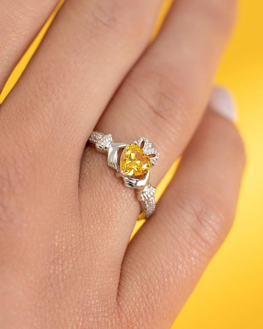 Sterling Silver Yellow Topaz Claddagh Ring | November Birthstone | Solvar