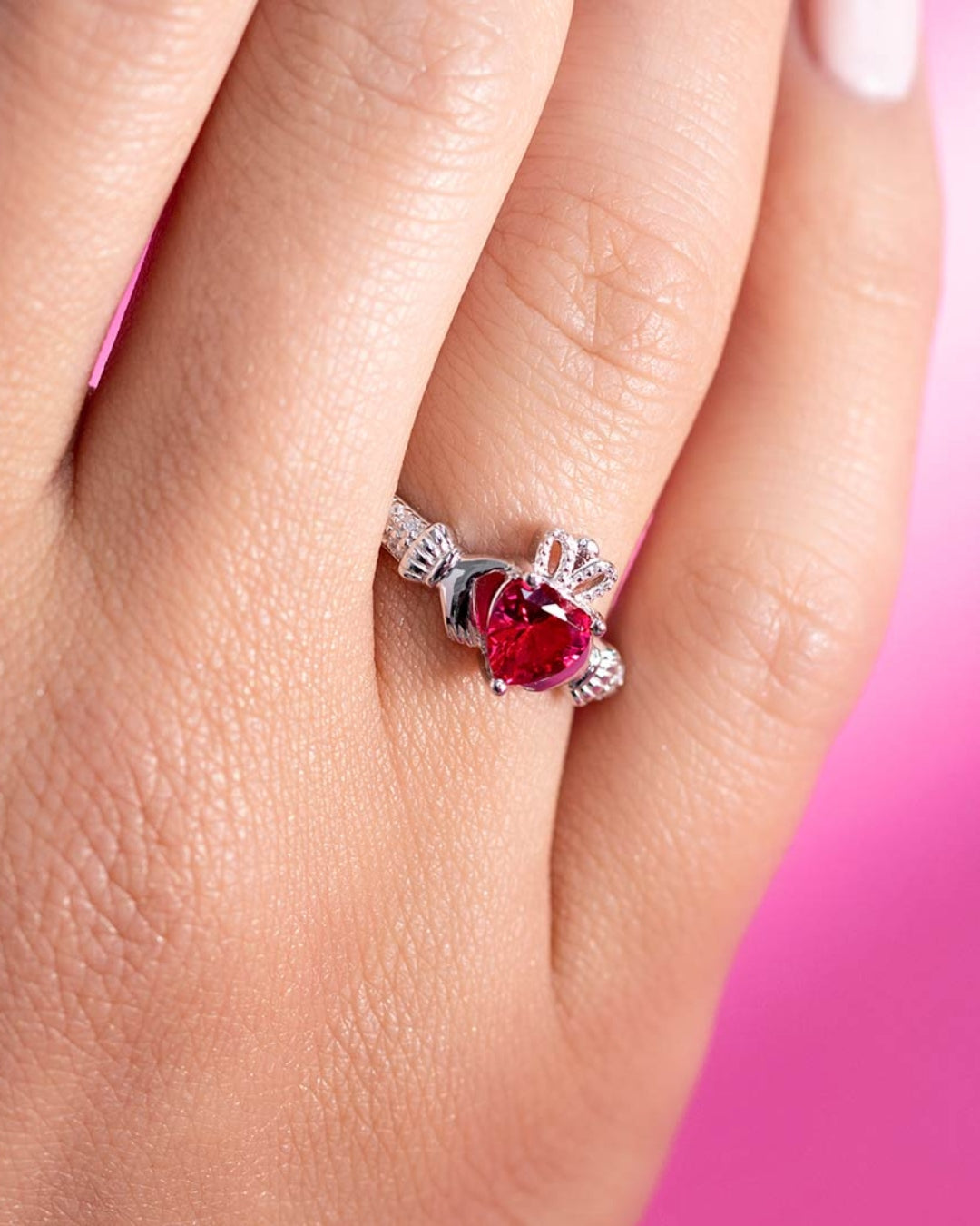 Sterling Silver Ruby Claddagh Ring | July Birthstone | Solvar