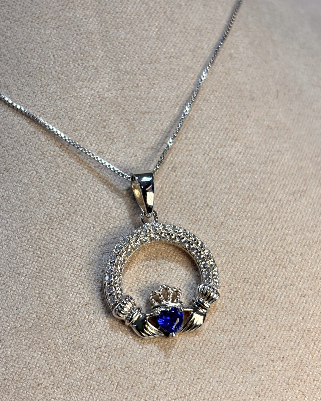 Sterling Silver Sapphire Claddagh Necklace | September Birthstone | Solvar