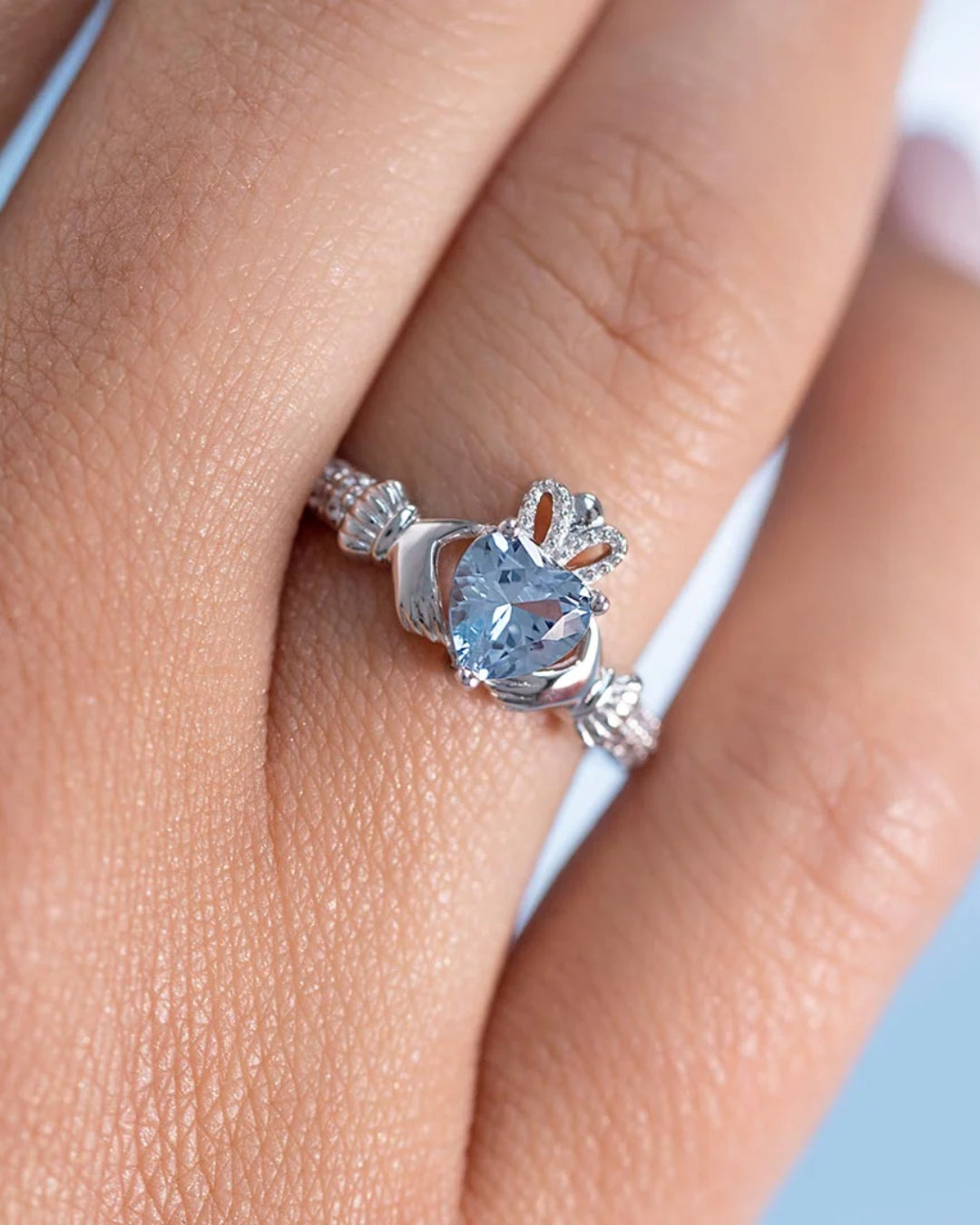 Sterling Silver Blue Zircon Claddagh Ring | December Birthstone | Solvar