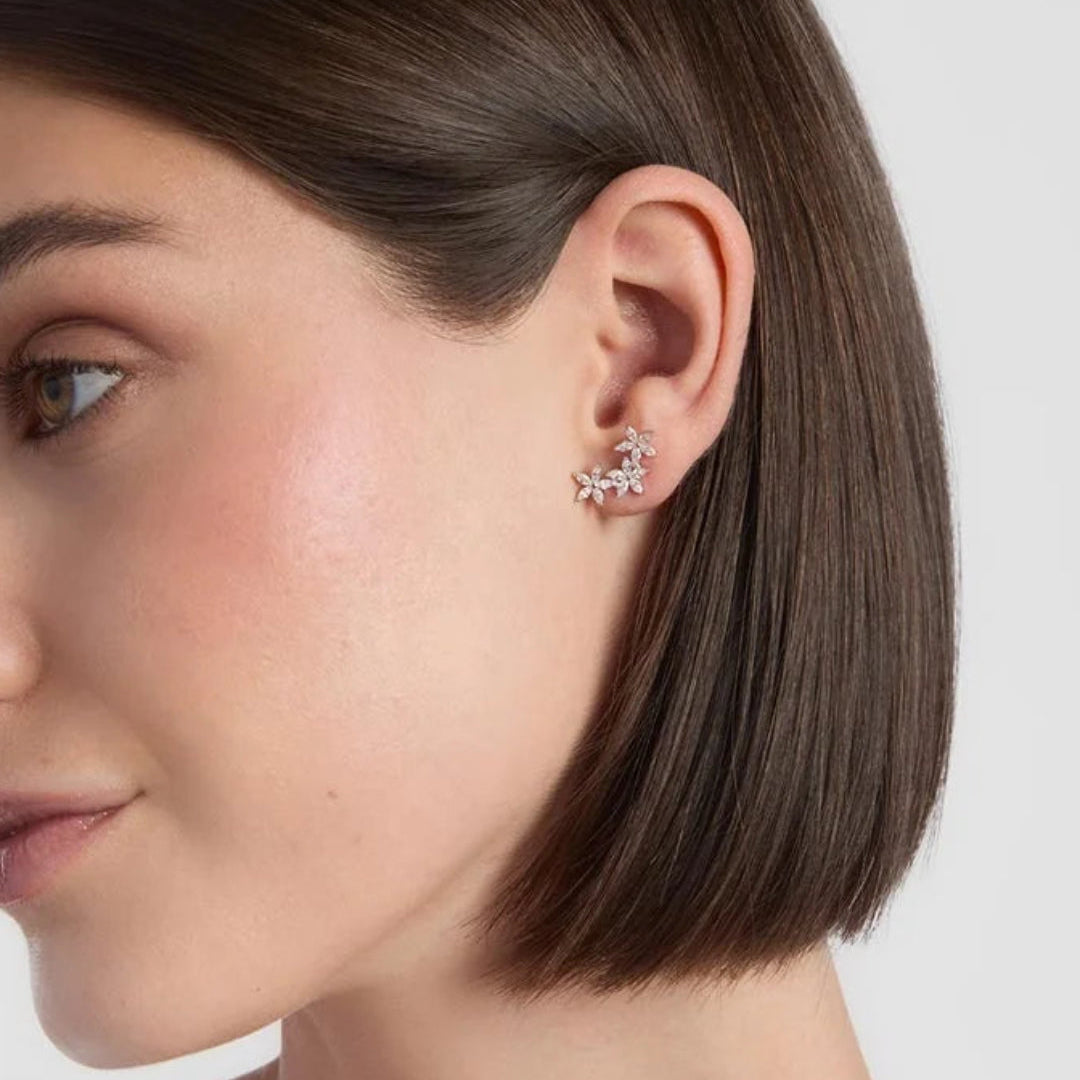 Sterling Silver Triple Flower Climber Stud Earrings | Hestia