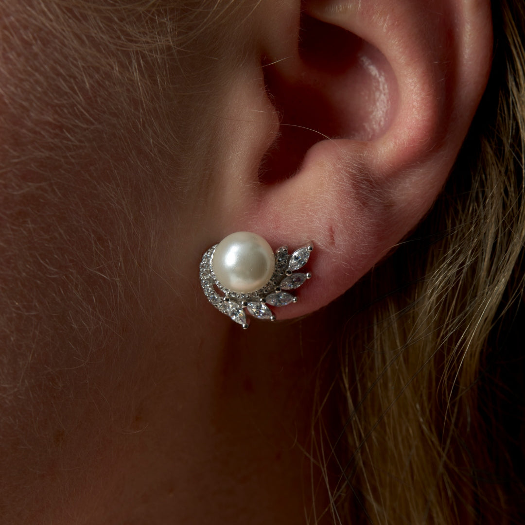 Sterling Silver Leaf Surround Pearl Stud Earrings | Greta