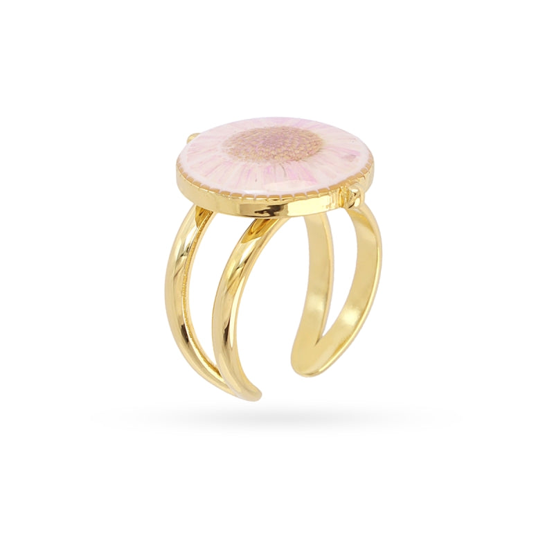 Steel Circular Pink Pressed Flower Adjustable Ring | Anartxy