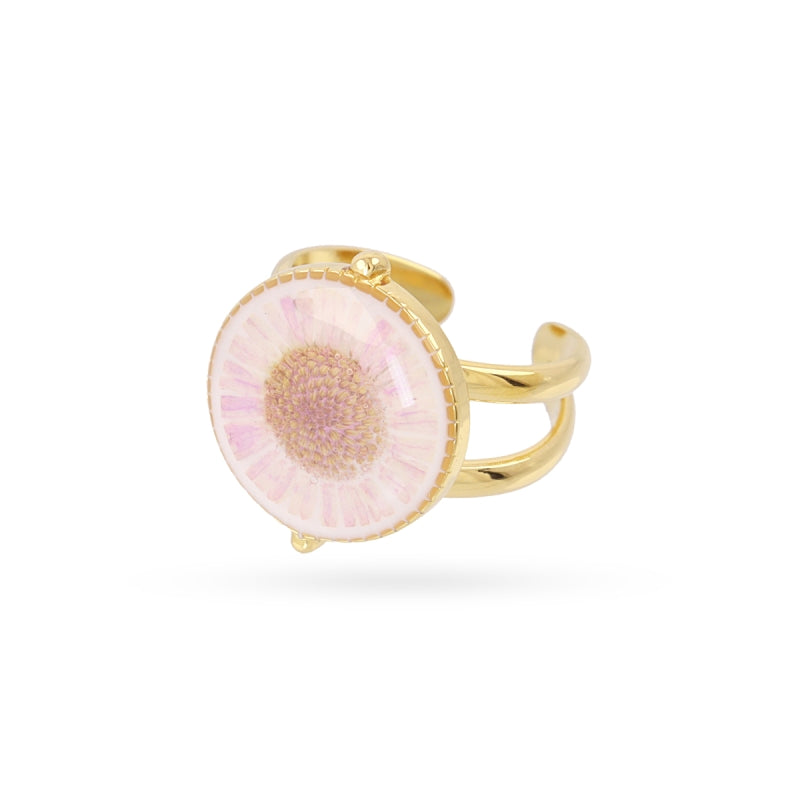 Steel Circular Pink Pressed Flower Adjustable Ring | Anartxy