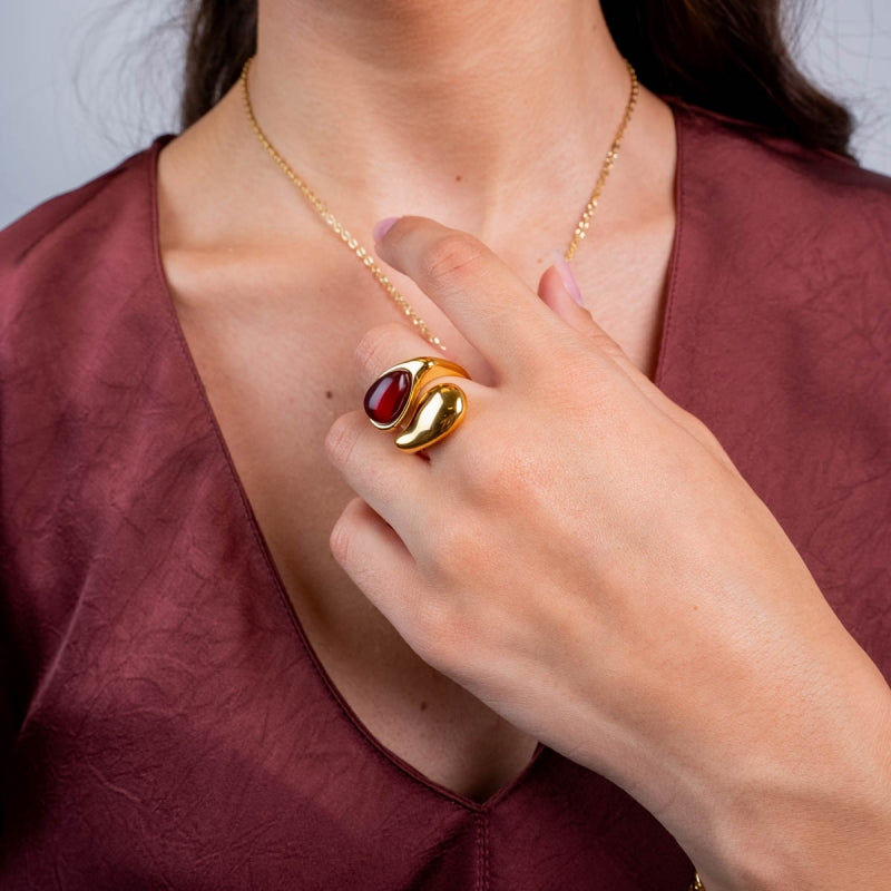 Steel Teardrop Natural Stone Open Ring | Anartxy