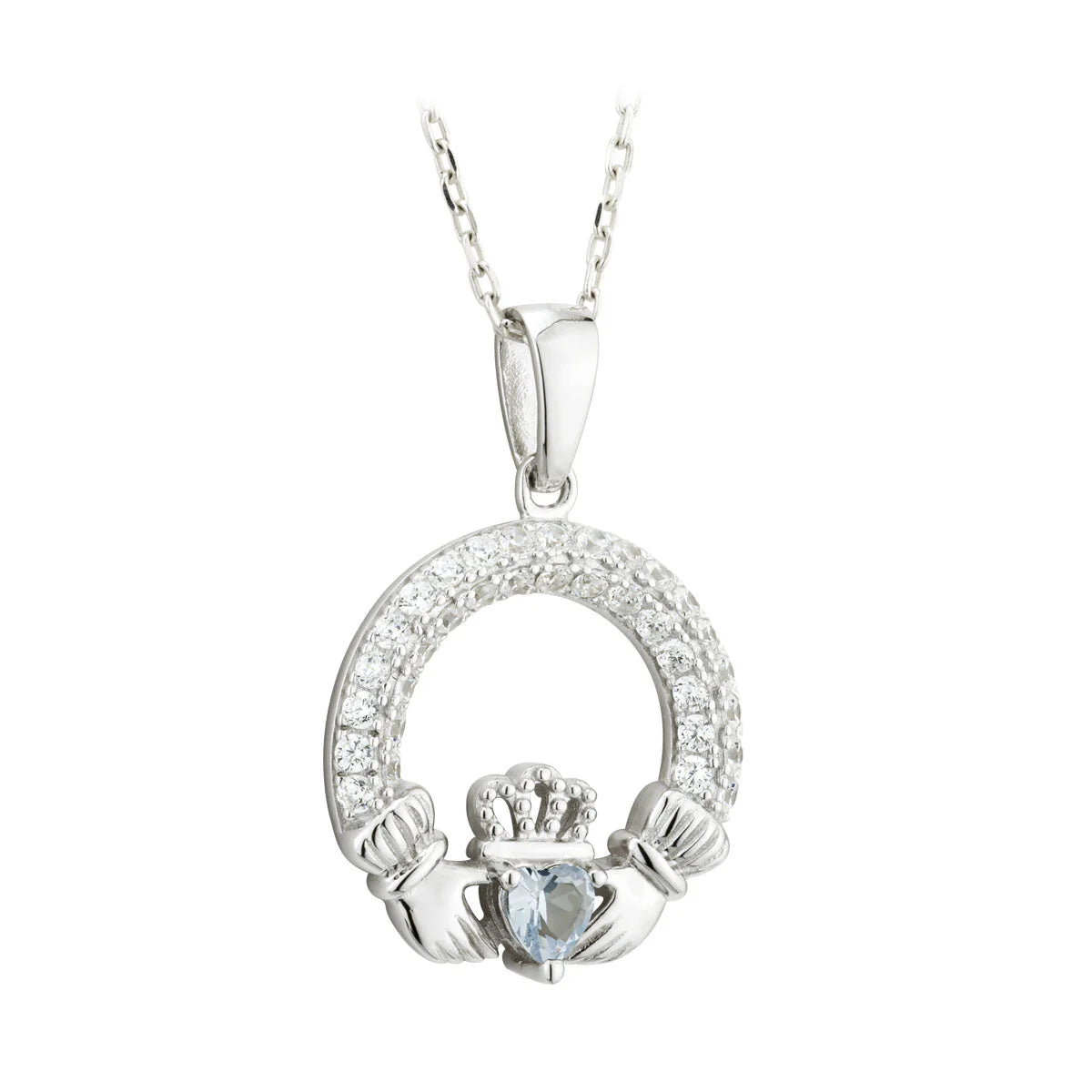 Sterling Silver Crystal Claddagh Necklace | December Birthstone | Solvar