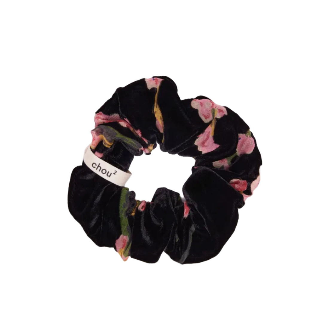 Hair Scrunchie | Black Velvet Flower Pattern | Chou²