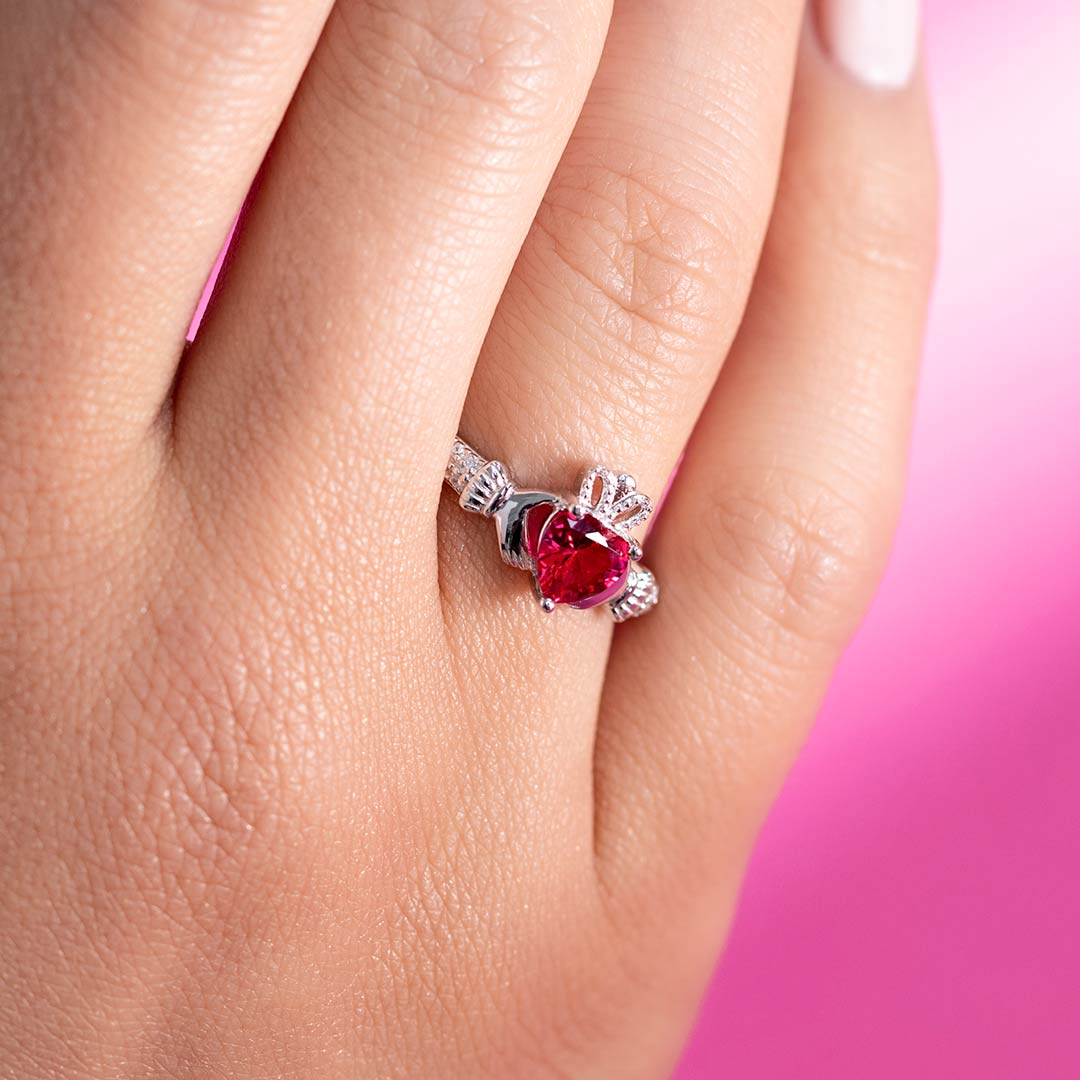 Sterling Silver Ruby Claddagh Ring | July Birthstone | Solvar