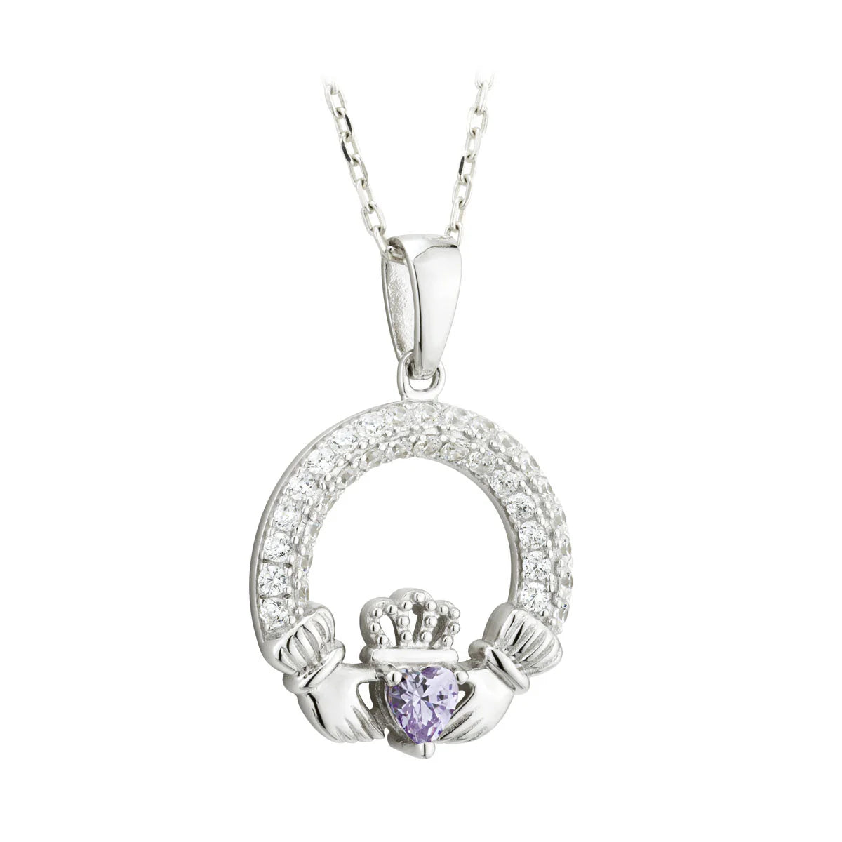 Sterling Silver Crystal Claddagh Necklace | June Birthstone | Solvar