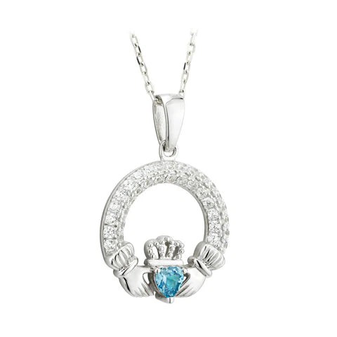 Sterling Silver Crystal Claddagh Necklace | March Birthstone | Solvar