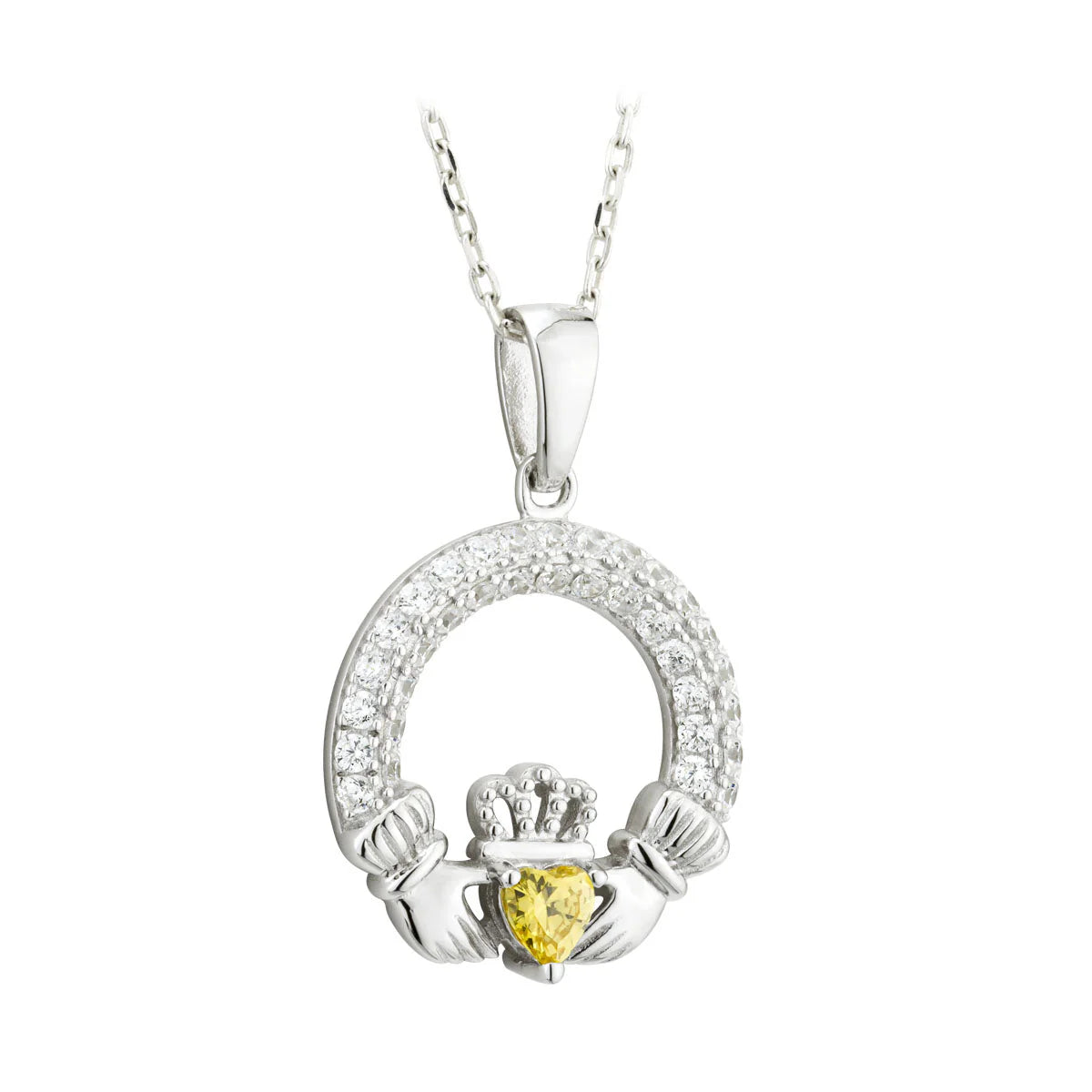 Sterling Silver Crystal Claddagh Necklace | November Birthstone | Solvar