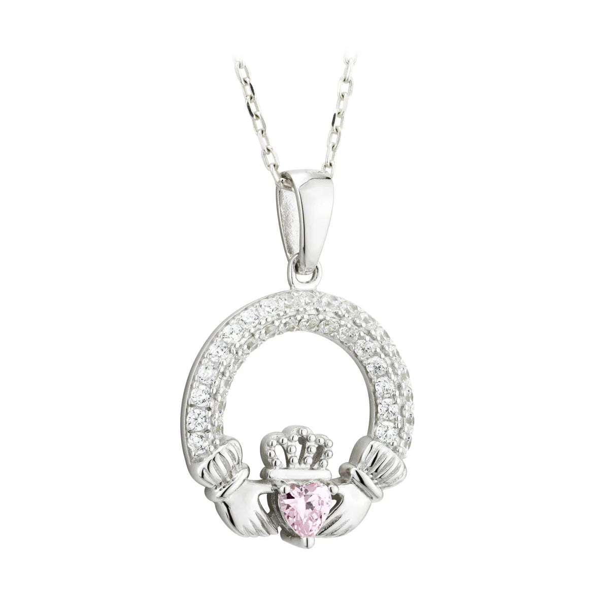 Sterling Silver Crystal Claddagh Necklace | October Birthstone | Solvar